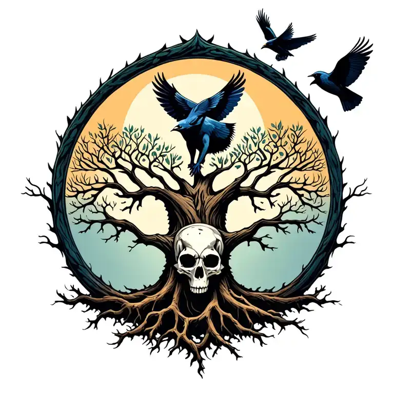 Tree Of Life with the skull of a wolf at its roots. and a raven fly its trees  tattoo design idea