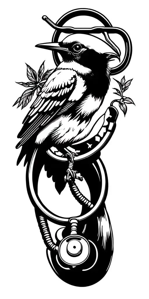mockingbird, big airplane, small airplane, empty painting frame, stethoscope  tattoo design idea