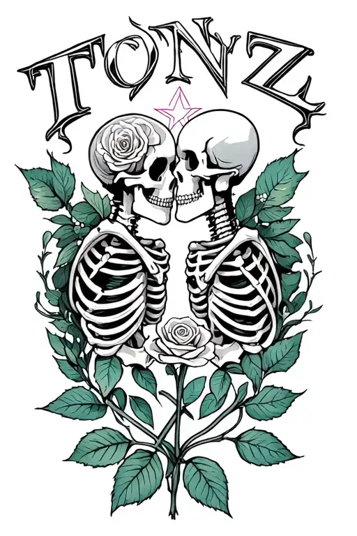 the word 'Tonz' 2 skeletons kissing and Star transforming into a rose tattoo design idea