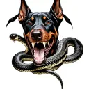 evil doberman dog shwoing teeth with snake showing fangs intertwined  tattoo design idea