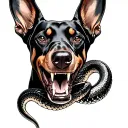 evil doberman dog shwoing teeth with snake showing fangs intertwined  tattoo design idea