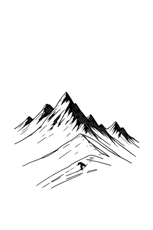 Minimalist mountain with 3 peaks and the traces of skiing of a skier that descended the mountain tattoo design idea