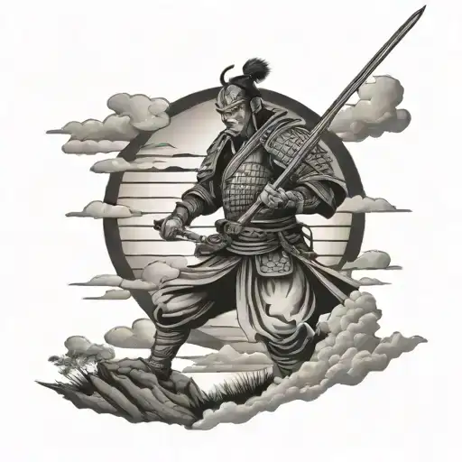 A Samurai Warrior posing in sunset tattoo design idea