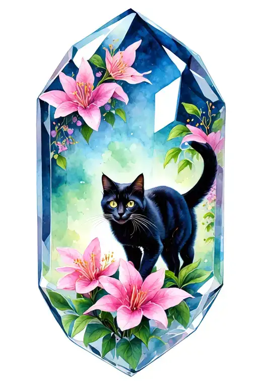 Lifelike Black cat materializing out of a crystal walking forward onto pink clematis tattoo design idea