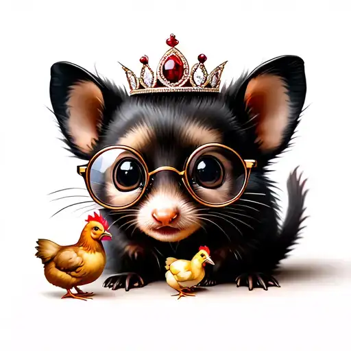 baby possum with tiara and round large glasses background with chickens and dark cat tattoo design idea