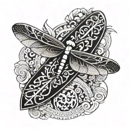 A dragonfly with Aztec geometric patterns flying over a surfboard tattoo design idea