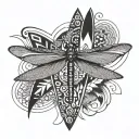 A dragonfly with Aztec geometric patterns flying over a surfboard tattoo design idea