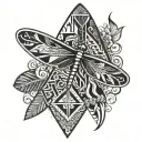A dragonfly with Aztec geometric patterns flying over a surfboard tattoo design idea