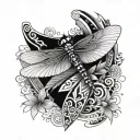 A dragonfly with Aztec geometric patterns flying over a surfboard tattoo design idea