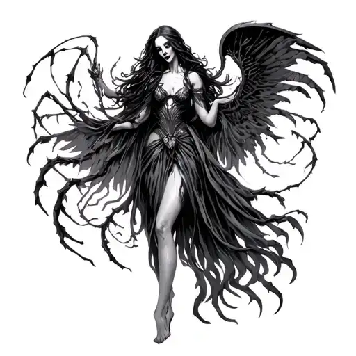 Arachne, vampire goddess, and love Azrael, Grim Reaper, macabre and delicate, whimsical dance. Arachne's ethereal beauty tattoo design idea