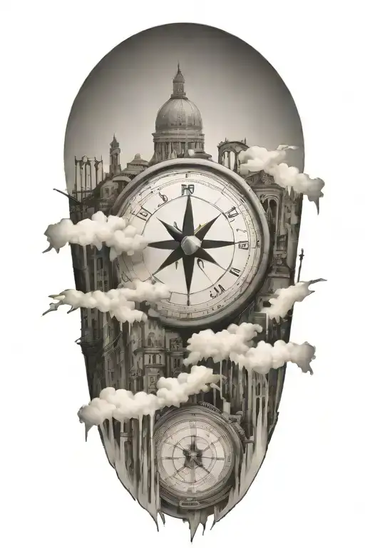 travel inspired tattoo with faded edges featuring compass and italian inspired buildings tattoo design idea