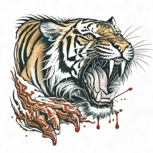 Tiger snarls in motion paws covered in blood coming tattoo design idea
