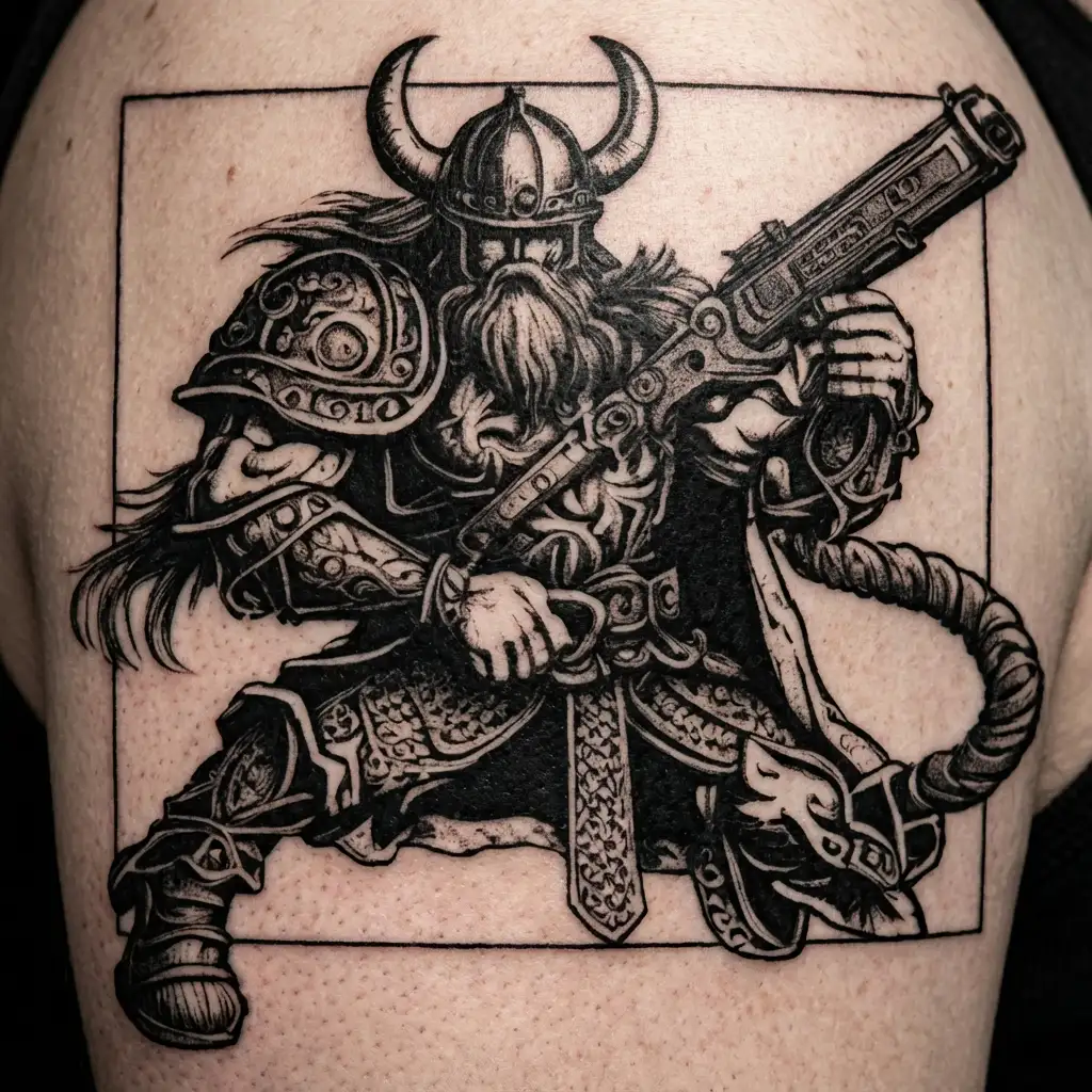 Combine a Viking warrior with a mechanical arm holding a gun, symbolizing the fusion of ancient and modern technologies tattoo design idea