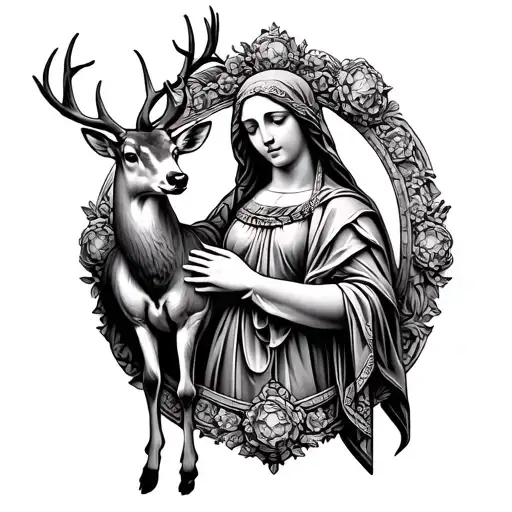 Depiction of the madonna of arms, a stone-encrusted madonna holding a wounded deer. Stylized style, not realistic tattoo design idea