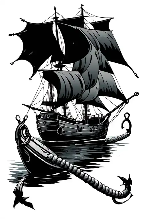 fishing rod hooks rope anchor clipper ship  tattoo design idea