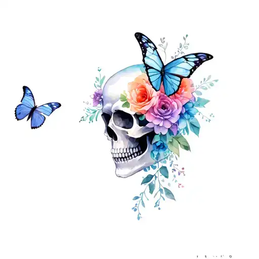 skull and flowers and butterfly  tattoo design idea