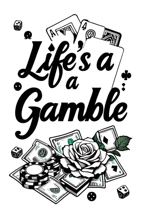 "Life's a Gamble" "Life's a Gamble" casino themed featuring chips, money, dice, cards, and a rose some where in the background spell correctly tattoo design idea