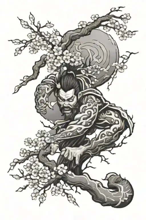 japones worrior with cherry blossom tree tattoo design idea