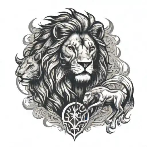A symbolic representation of a lion and a horse, combining the Leo zodiac sign with fire reflecting strength and passion tattoo design idea