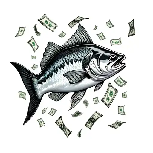 ocean, fish and dollars falling from tattoo design idea