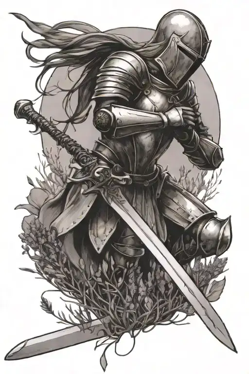 kneeling female knight holding a sword and a ray of light highlighting her in a field of lavender tattoo design idea
