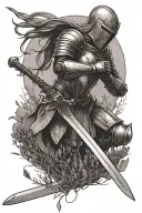 kneeling female knight holding a sword and a ray of light highlighting her in a field of lavender tattoo design idea