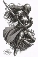 kneeling female knight holding a sword and a ray of light highlighting her in a field of lavender tattoo design idea