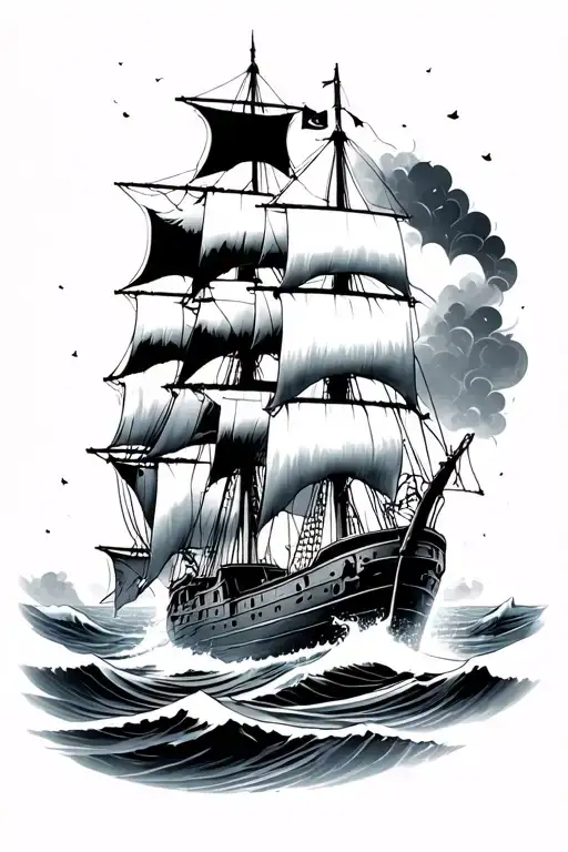 ocean with clipper ship sailing through stormy tattoo design idea