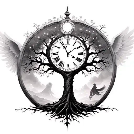 tree of life and time as a clock and journey of never being alone with angel in background watching over tattoo design idea