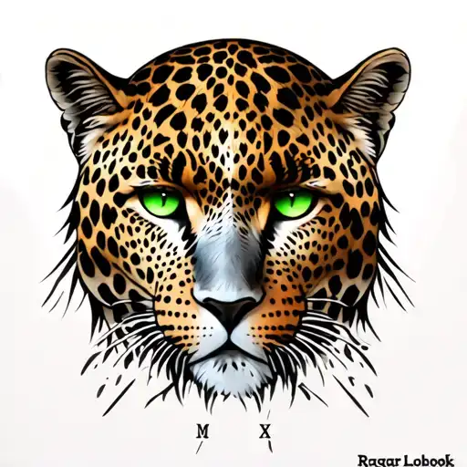Roman numeral 5Guardian angelLeopard face with green eye and half female eyeChristian cross Ragnar lohtbrok v tattoo design idea