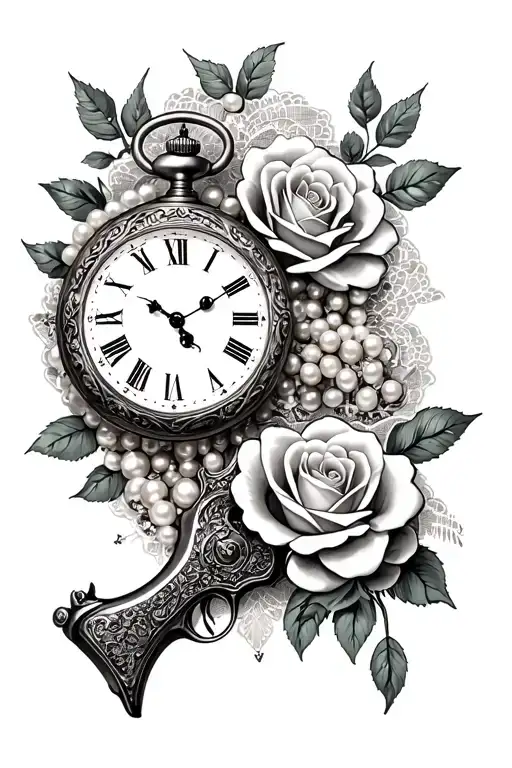 pocket watch and pearls and cameo and lace and rose and antique gun tattoo design idea
