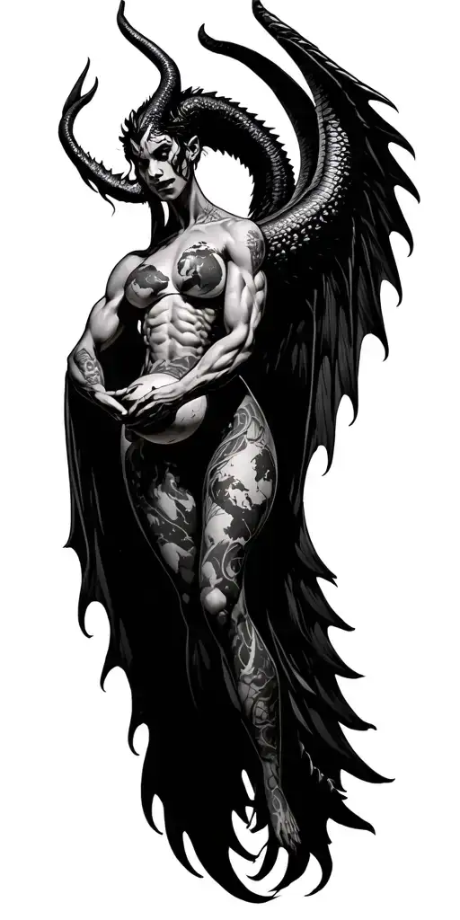 female Satan under the reptile Wings, big muscles holding the globe tattoo design idea