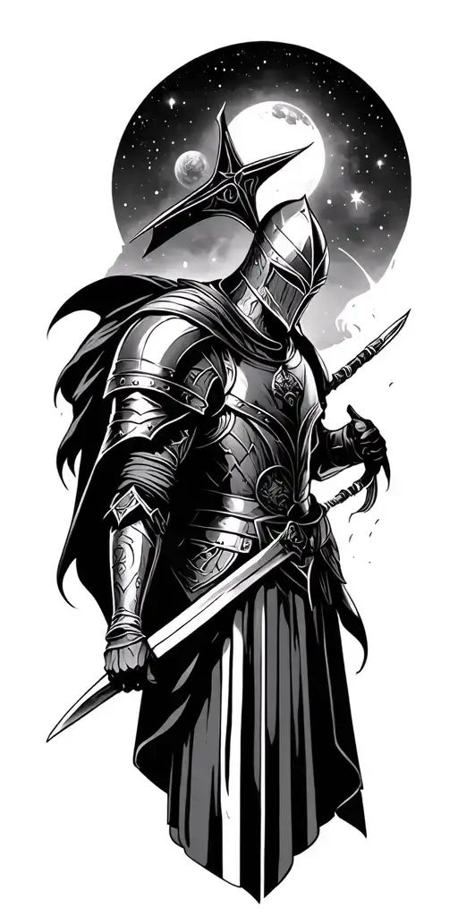 Gothic medieval tattoo featuring a knight at the top. and an outer space theme in the background tattoo design idea
