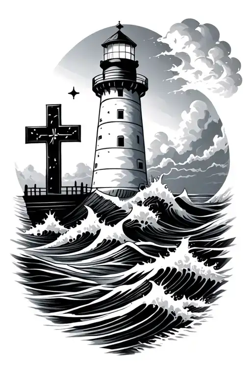 cross water waves lighthouse surrounded tattoo design idea