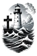 cross water waves lighthouse surrounded tattoo design idea
