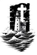 cross water waves lighthouse surrounded tattoo design idea
