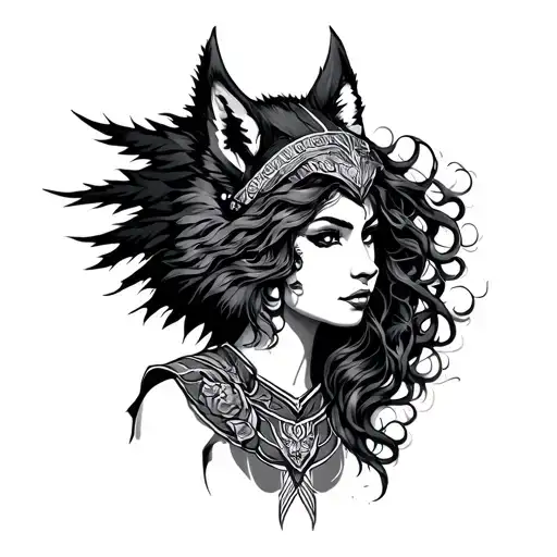 Neo-traditional tattoo design, black and grey, Medusa warrior woman wearing wolf headdress, stylized linework, aggressiv tattoo design idea