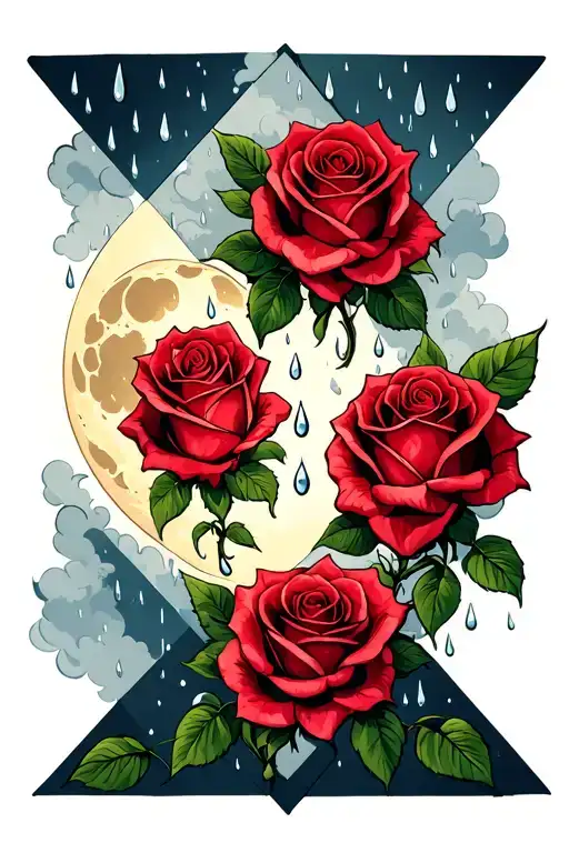 dark cloudy night the moon shining through a little bit with rain drops falling off of four roses in a diamond formation tattoo design idea