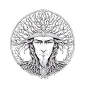 Create a mostly white coloring page with thin black lines. Depict Thoth as sage, Tree of Life branches. Use delicate lin tattoo design idea