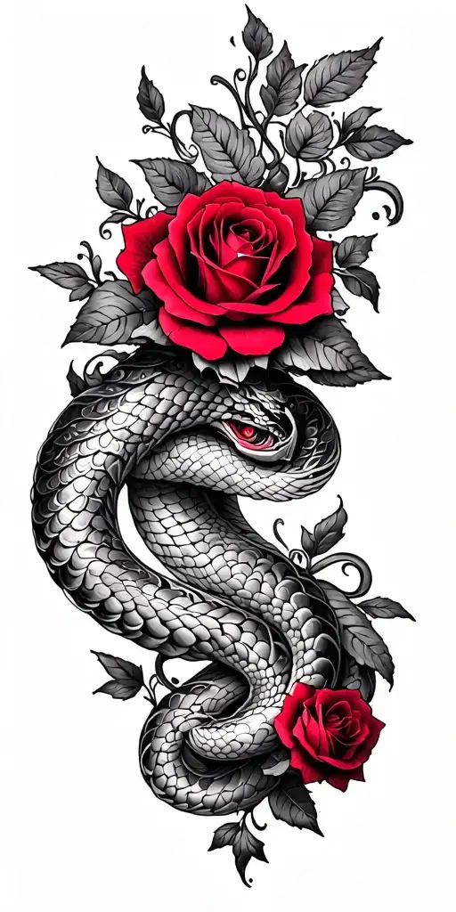 Sleeve tattoo of intertwining baroque filigree, serpents, and crimson roses, blending beauty and danger. tattoo design idea