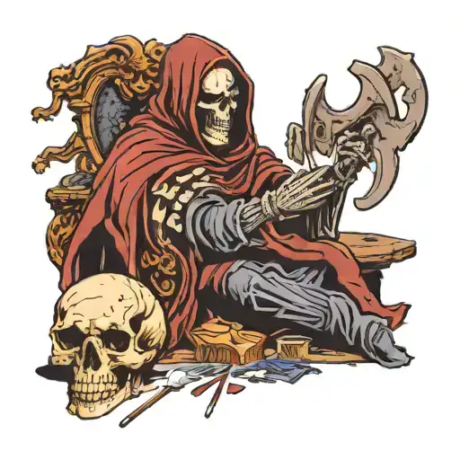 grim reaper, ragged cloak , leaning over african buffalo skull table, holding skeleton hand out, holding 7 of clubs, 2 o tattoo design idea