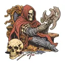 grim reaper, ragged cloak , leaning over african buffalo skull table, holding skeleton hand out, holding 7 of clubs, 2 o tattoo design idea