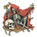 grim reaper, ragged cloak , leaning over african buffalo skull table, holding skeleton hand out, holding 7 of clubs, 2 o tattoo design idea