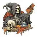 grim reaper, ragged cloak , leaning over african buffalo skull table, holding skeleton hand out, holding 7 of clubs, 2 o tattoo design idea