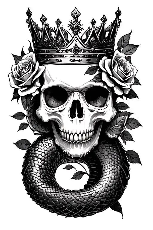 snake dragon roses and skull wearing a crown tattoo design idea