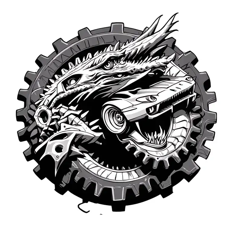 mechanical engineering gears and cars and dragons tattoo design idea