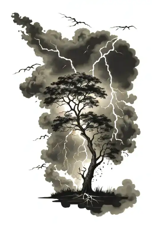 An abstract design of a rainstorm with lightning striking a tree tattoo design idea