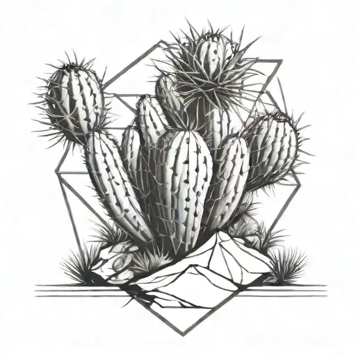Tumbleweed cactus garden scene inside geometic outline tattoo design idea