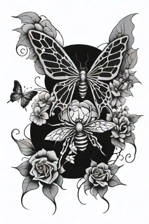 Spider Shaped like butterfly wings spider webs around it with flowers tattoo design idea