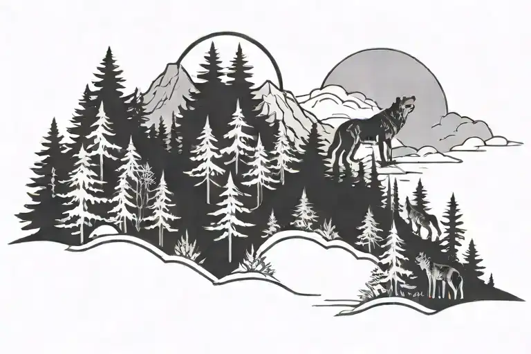 wolf howling in a group of trees on a mountain side tattoo design idea
